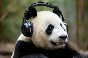 a panda wearing earphones