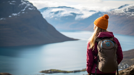 Hiker in the mountains, mountain view background, mountain girl