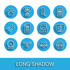 Set line Hamster wheel, Collar with name tag, Paw print, Cat, Pet carry case, Medical clinical record pet, Fish and Food for fish icon. Vector