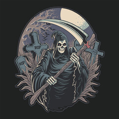 grim reaper in graves halloween night illustration