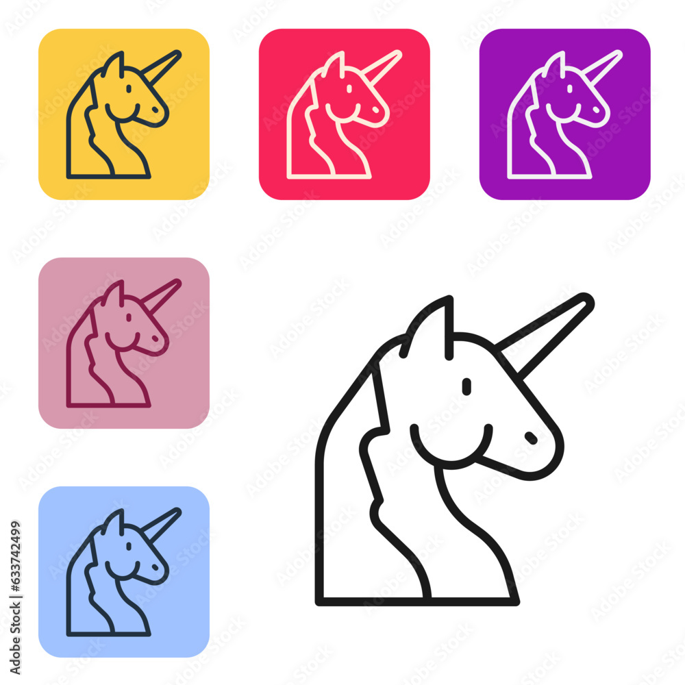 Poster black line unicorn icon isolated on white background. set icons in color square buttons. vector