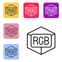 Black line RGB and CMYK color mixing icon isolated on white background. Set icons in color square buttons. Vector