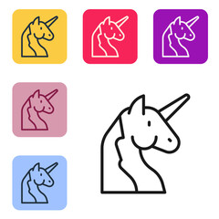 Black line Unicorn icon isolated on white background. Set icons in color square buttons. Vector