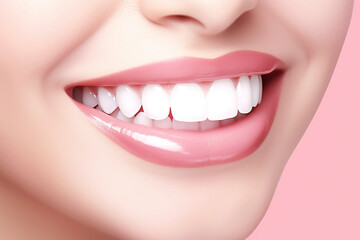 Close-up photo of beautiful wide smile of young fresh woman with healthy white teeth