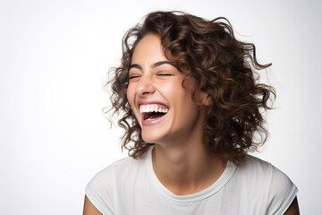 Close-up photo of beautiful wide smile of young fresh woman with healthy white teeth