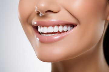 Fototapeta premium Close-up photo of beautiful wide smile of young fresh woman with healthy white teeth
