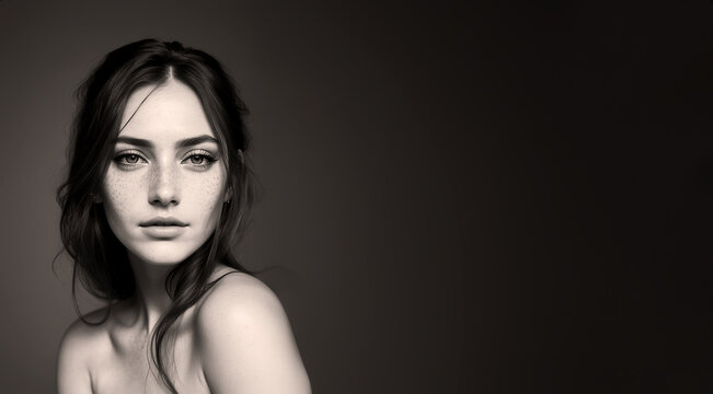 immagine ritratto primo piano di giovane modella dai capelli lunghi e scuri, sguardo verso l'osservatore, sfondo scuro e  indefinito