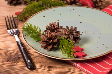 Empty plate with Christmas decorations.