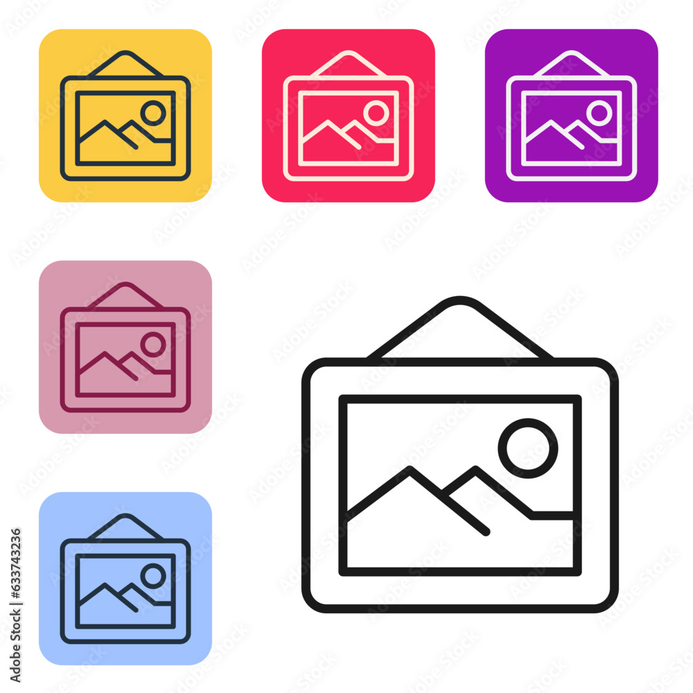 Poster black line picture landscape icon isolated on white background. set icons in color square buttons. v