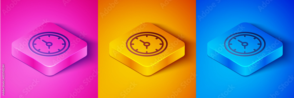 Poster isometric line clock icon isolated on pink and orange, blue background. time symbol. square button. 