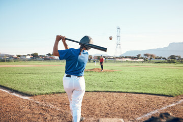 Baseball, bat and person swing at ball outdoor on a pitch for sports, performance and competition. Behind athlete or softball player ready for game, training or exercise challenge at field or stadium