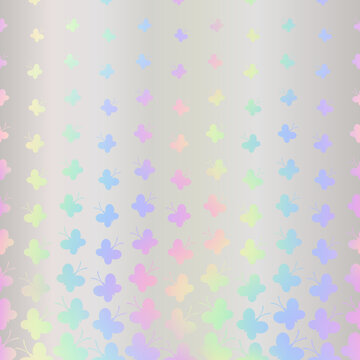 Butterfly holographic seamless pattern. Repeating border butterflys iridescent foil. Hologram cute background. Repeated rainbow texture. Neon cute patern. Holography design prints. Vector illustration