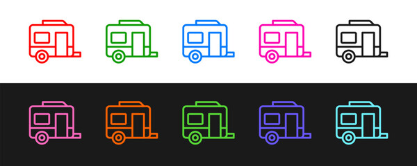 Set line Rv Camping trailer icon isolated on black and white background. Travel mobile home, caravan, home camper for travel. Vector