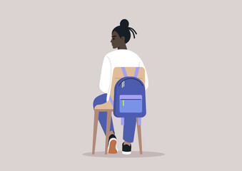 From behind, a young student sitting on a chair, their backpack hanging on the backrest