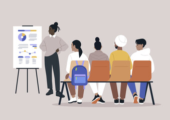 Fostering learning, diverse staff in workshops, HR seminars, a lecturer presents a research via flipchart to young adult employees sitting on a bench