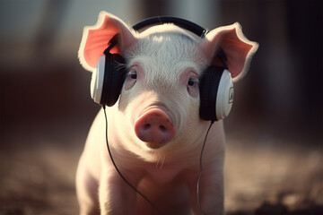 a pig wearing earphones