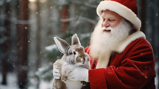 Santa Claus in a red suit and a gray rabbit in a snowy winter forest