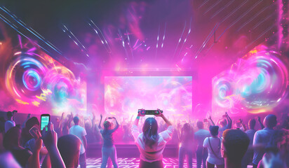 Music Festival in Barbie style pink. DJ creating soundscapes in holographic neon-lit virtual...