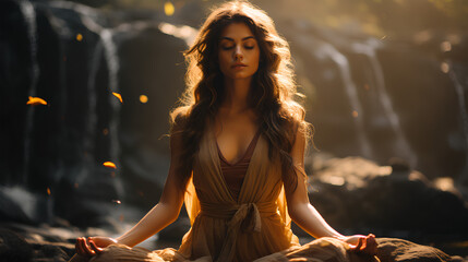 Beautiful young woman meditating on rock near waterfall at sunset.
