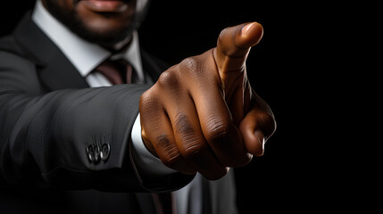Businessman showing thumbs up on black background, close-up.