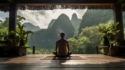 Man meditating in a yoga retreat