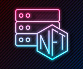 Glowing neon line NFT blockchain technology icon isolated on black background. Non fungible token. Digital crypto art concept. Vector