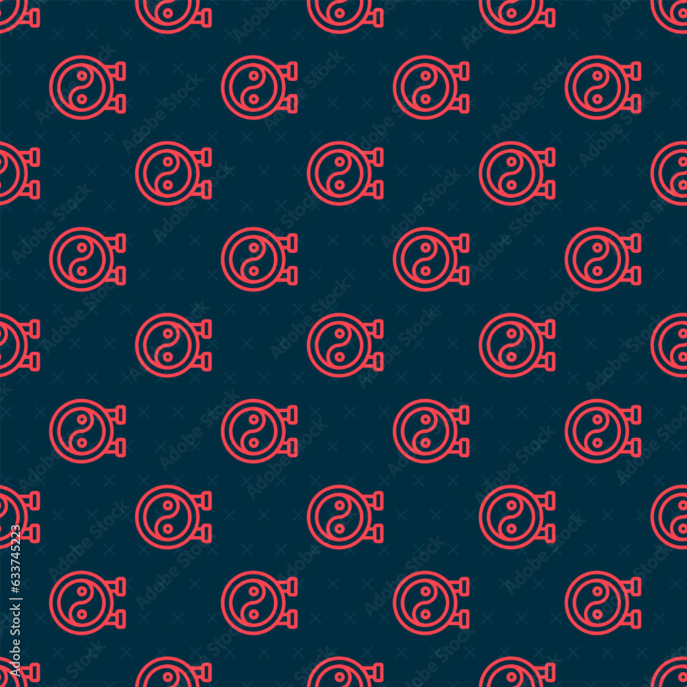 Poster red line yin yang symbol of harmony and balance icon isolated seamless pattern on black background. 