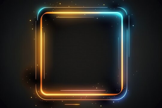 Neon rounded square signs frame Illustration with glow effect on dark background. Glowing border shape isolated. Template for neon club or casino signs, glow cover, poster