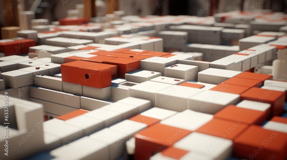 Poster a 3d rendering of a maze with red and white blocks. generative ai image.