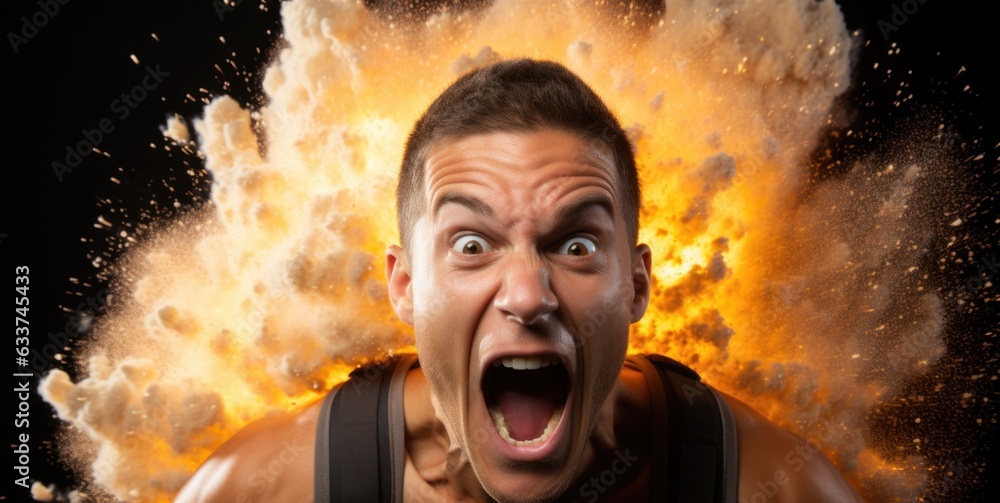 Aufkleber a man is screaming with an explosion of fire. generative ai image.