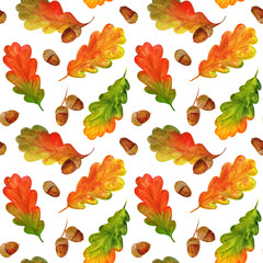 Fototapeta premium Watercolor autumn seamless pattern with oak leaves and acorns on white background. Illustration for greeting cards, posters, books, envelopes, photo album, wallpaper, packaging, wrapping paper.