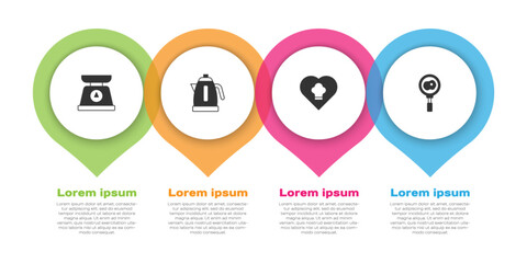 Set Scales, Electric kettle, Chef hat and Fried eggs on frying pan. Business infographic template. Vector