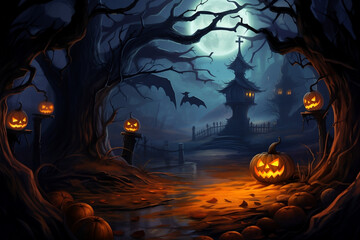 Halloween Themed banner, Pumpkins, bats, moon, dark