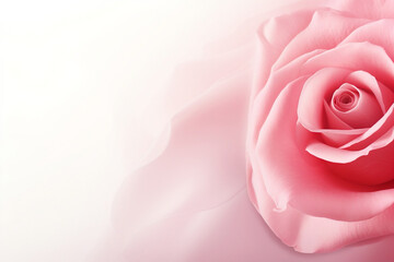 Horizontal banner with rose of pink color on blurred white background. Copy space for text