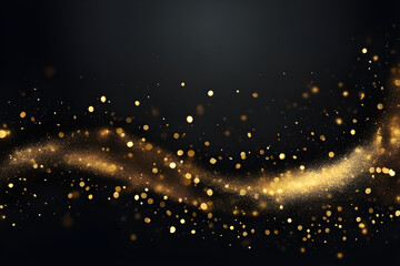 Golden particles, black background, blur, and a bokeh effect. Generative AI