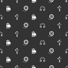 Set Headphones, Gimbal stabilizer for camera, Camera roll cartridge and Film reel on seamless pattern. Vector