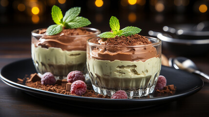 chocolate mousse dessert with mint and chocolate sauce on a dark background - obrazy, fototapety, plakaty