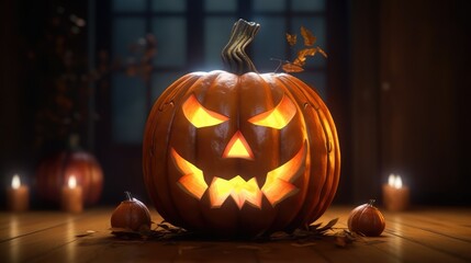 Halloween pumpkin head jack lantern on wooden background. Generative AI