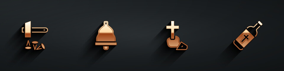 Set Crucifixion of Jesus Christ, Church bell, Christian cross and Holy water bottle icon with long shadow. Vector