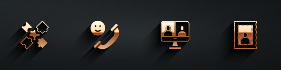 Set Puzzle pieces toy, Incoming call on mobile, Video chat conference and Picture frame icon with long shadow. Vector