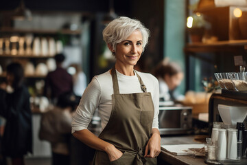 Generative ai collage of baker lady barista serve customers in cafe