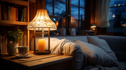 cozy home interior. cozy living room. autumn evening