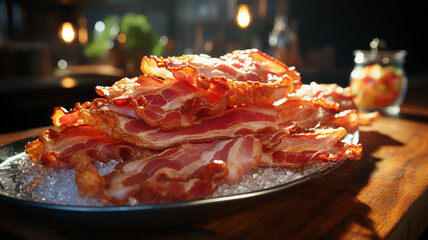 composition with bacon on table - obrazy, fototapety, plakaty