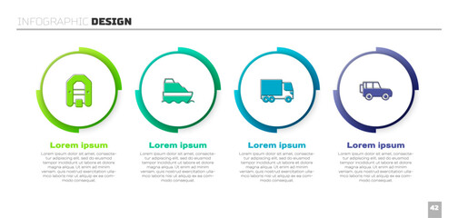 Set Rafting boat, Cruise ship, Delivery cargo truck and Off road. Business infographic template. Vector