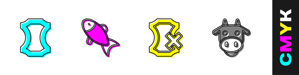 Set Leather, Fish, No leather and Cow head icon. Vector