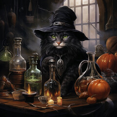 A wizard cat in a cap hat conducts tests in a magical laboratory - 633747818
