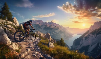 Person cycling on top of a mountain created with AI
