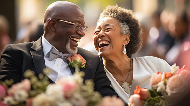 Senior afro american man and woman getting married, senior bride and groom, mature couple, generative ai