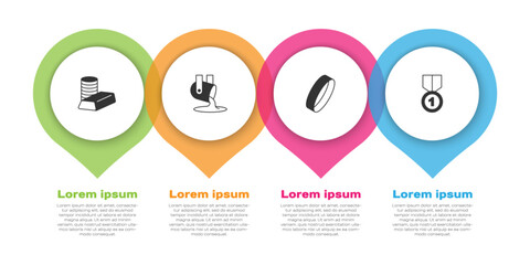 Set Gold coin with gold bars, Molten being poured, ring and medal. Business infographic template. Vector