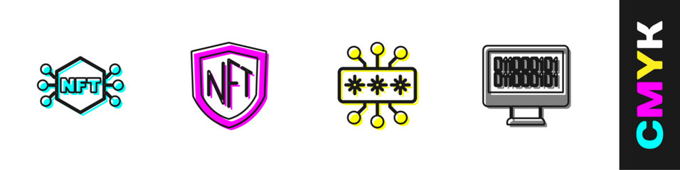 Set NFT Digital crypto art, shield, Cyber security and Binary code icon. Vector